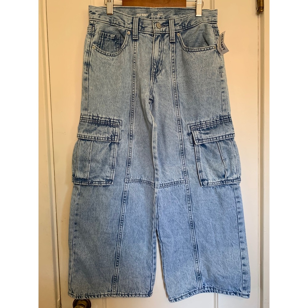 Old Navy High Rise Baggy Cargo Jeans Light Wash Blue Denim Girls 10 Plus New‎